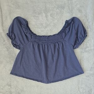 Blue Smocked Ruffled Blouse with Puff Sleeves